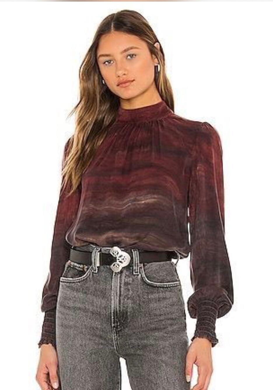 $150 Bella Dahl Mock Neck Smocked Top in Wildberry Horizon